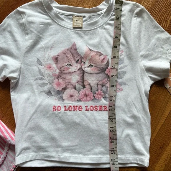 Messy Bun Women's Size Small White Cat Top & Pink Striped Shorts Pajama Set NWT - Picture 3 of 12